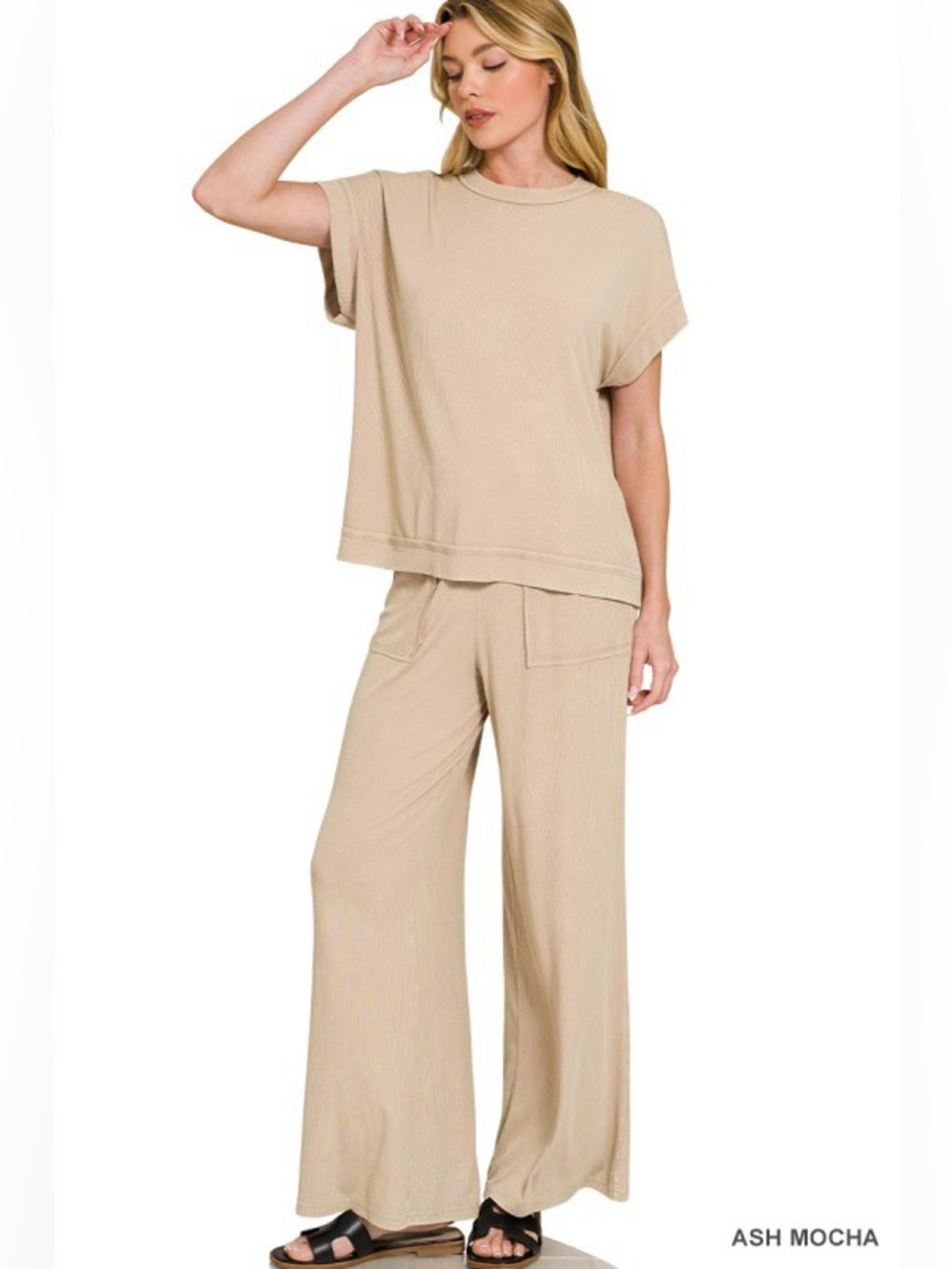 NWT Zenana Ribbed Acid Ash Mocha Wash Rayon Top & Pants Set